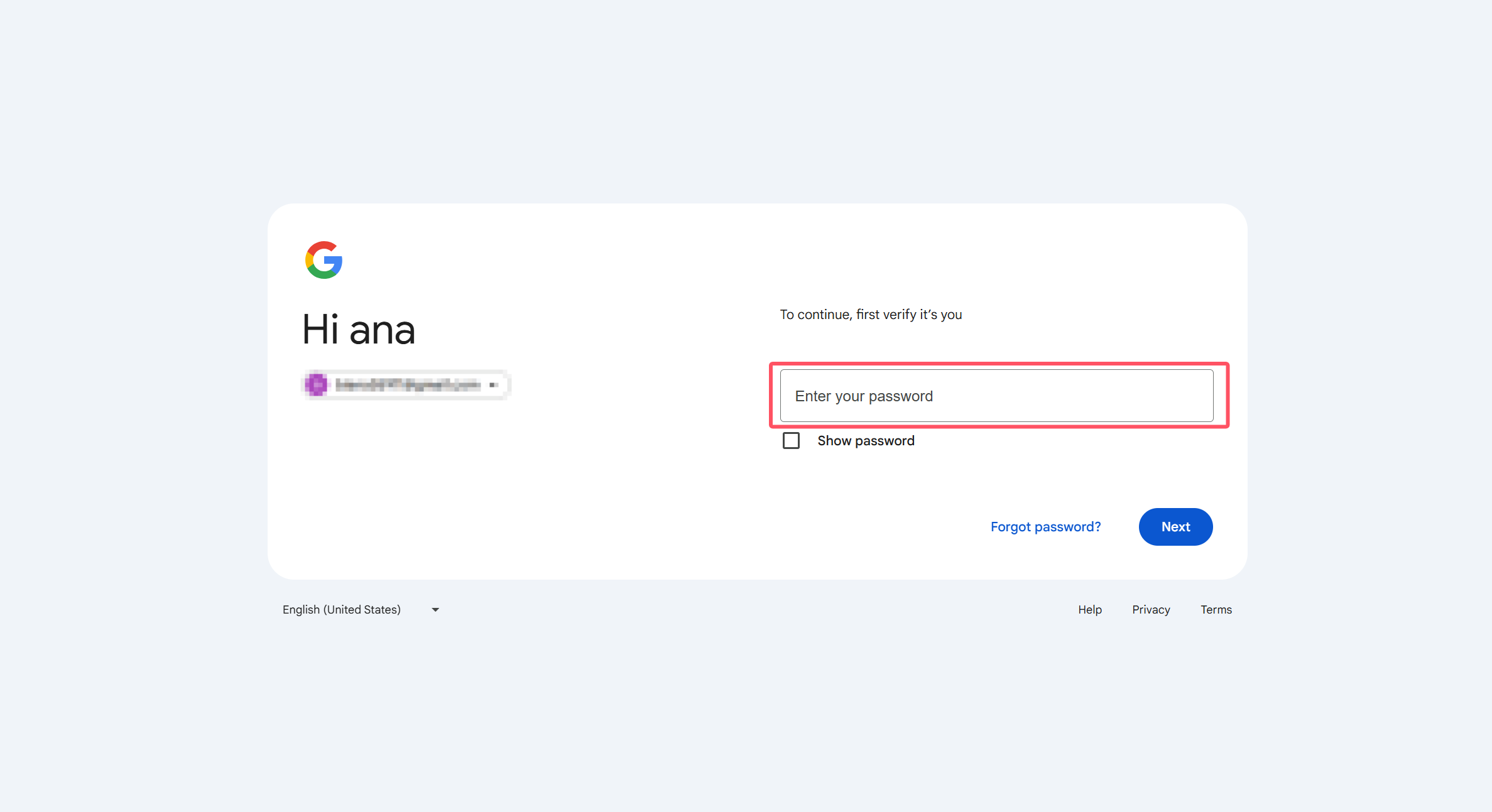 Enter your Gmail password to verify your identity