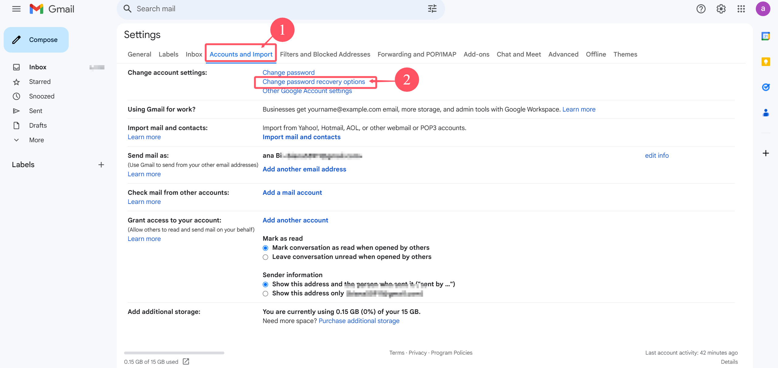 Under Google Email Accounts and Import, find Change password recovery options