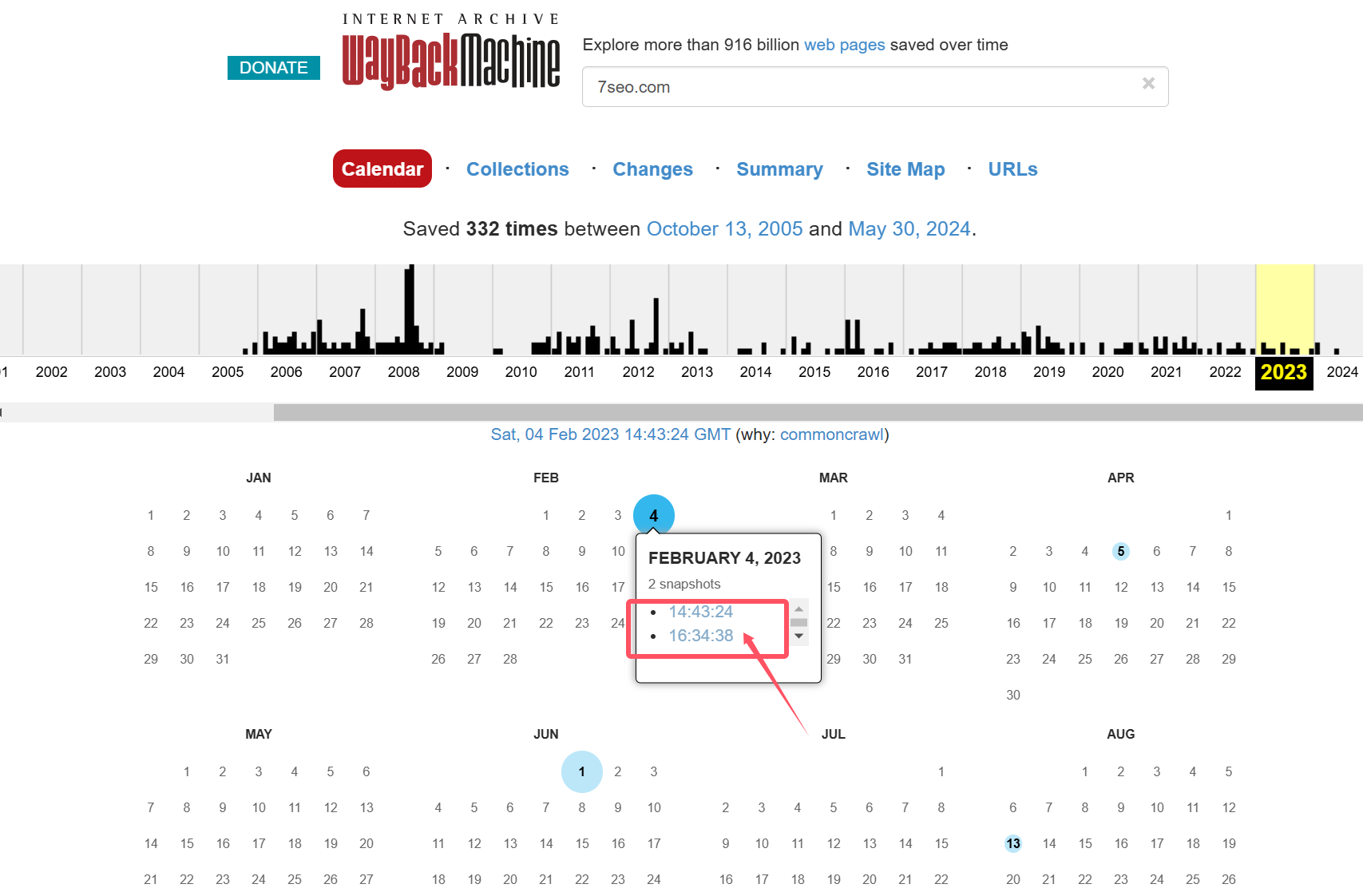 Click on a specific date to view the old site archive